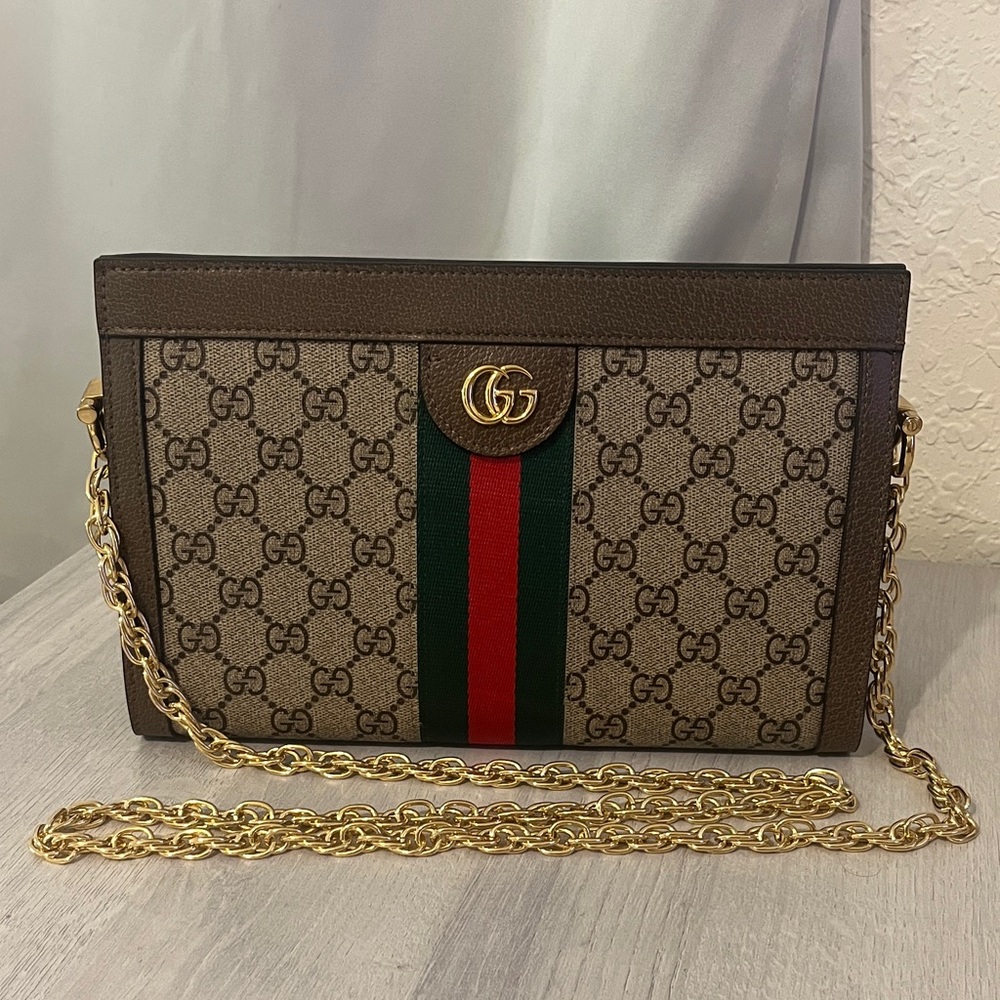 Gucci Beige and Brown Crossbody Bag with Gold Chain